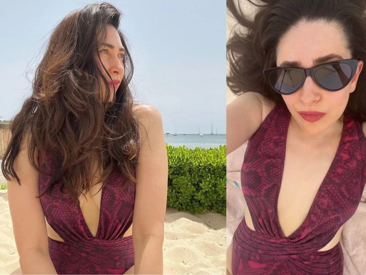 Karisma Kapoor in Purple Plunging Swimsuit