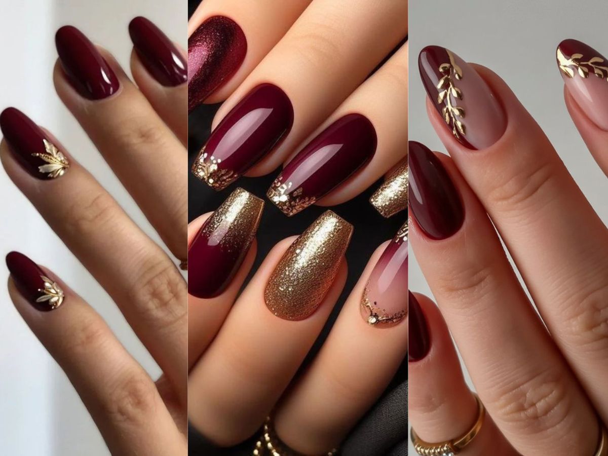 Deep maroon golden nail art