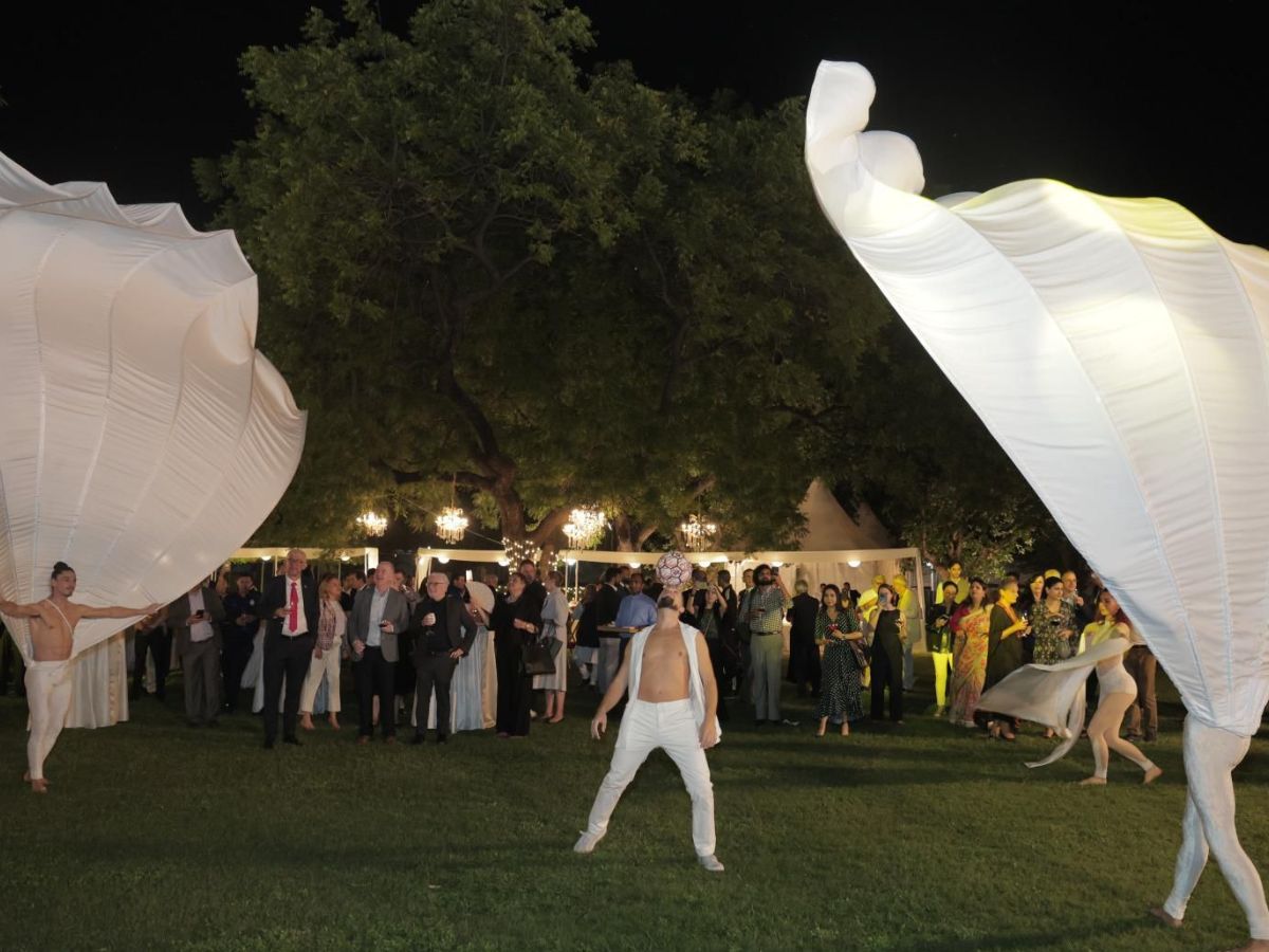 Spectacular performances by the Italian acrobatic dance company Liberi Di.., featuring captivating choreographies with fabrics and sports scenes, at the Italian Embassy, New Delhi.