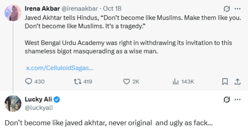 ugly-as-fk-lucky-ali-attacks-javed-akhtar-for-dont-become-like-muslims-remark-as-old-video-of-veteran-lyricist-goes-viral ‘Ugly As F**k’: Lucky Ali Attacks Javed Akhtar For ‘Don’t Become Like Muslims’ Remark As Old Video Of Veteran Lyricist Goes Viral