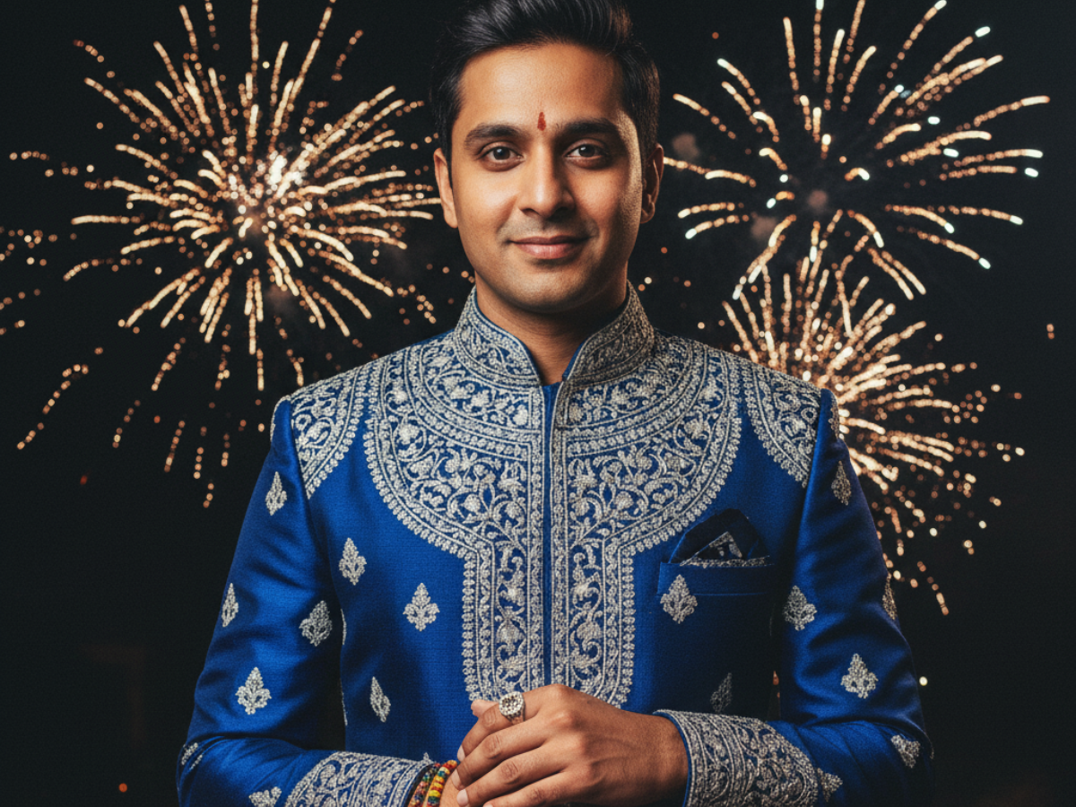 Prompt 2: Blue Sherwani with Firework Backdrop