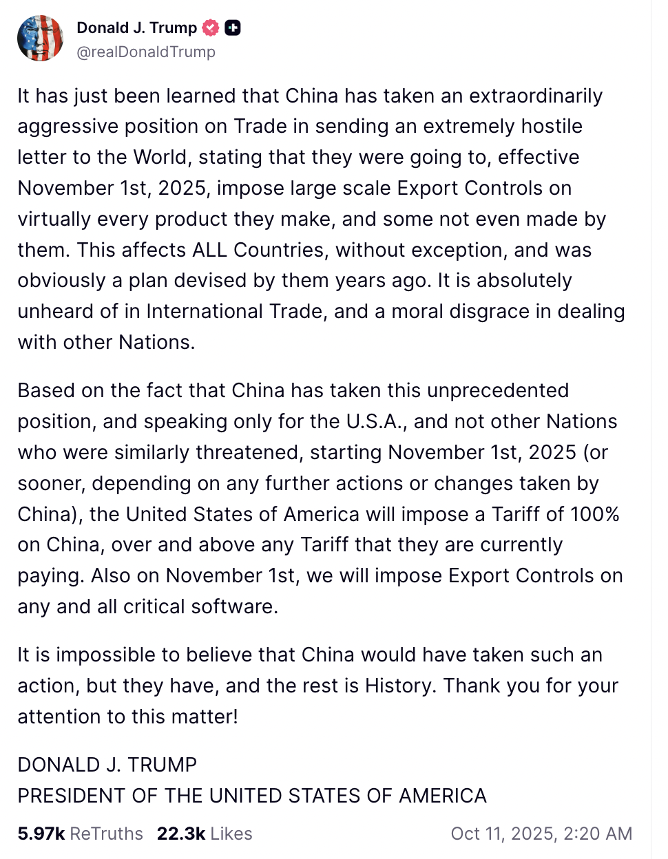 Trump's Truth Social post