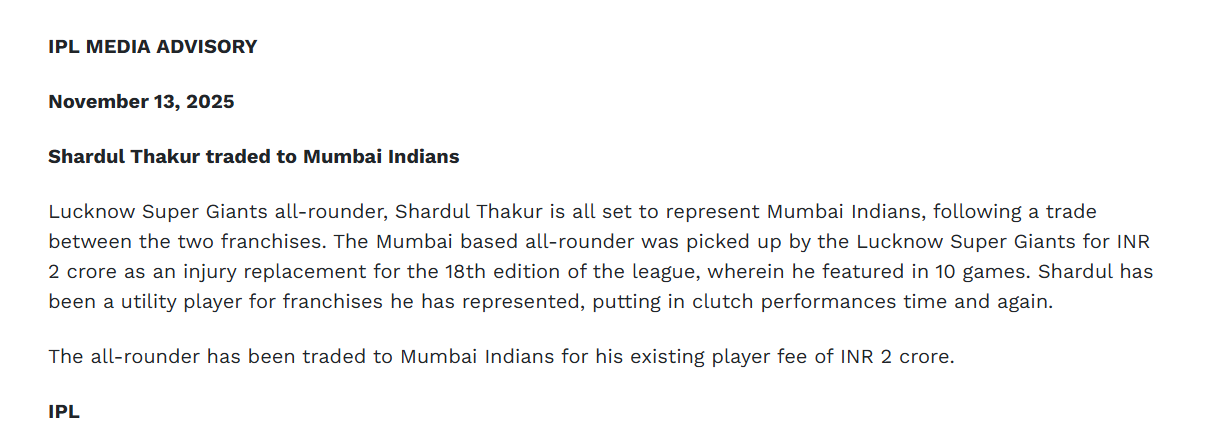 big-move-shardul-thakur-traded-to-mumbai-indians-as-lsg-offloads-him-before-ipl-2026-auction-what-happened-to-arjun-tendulkar BIG MOVE! Shardul Thakur Traded To Mumbai Indians As LSG Offloads Him Before IPL 2026 Auction For THIS Amount, What Happened To Arjun Tendulkar?