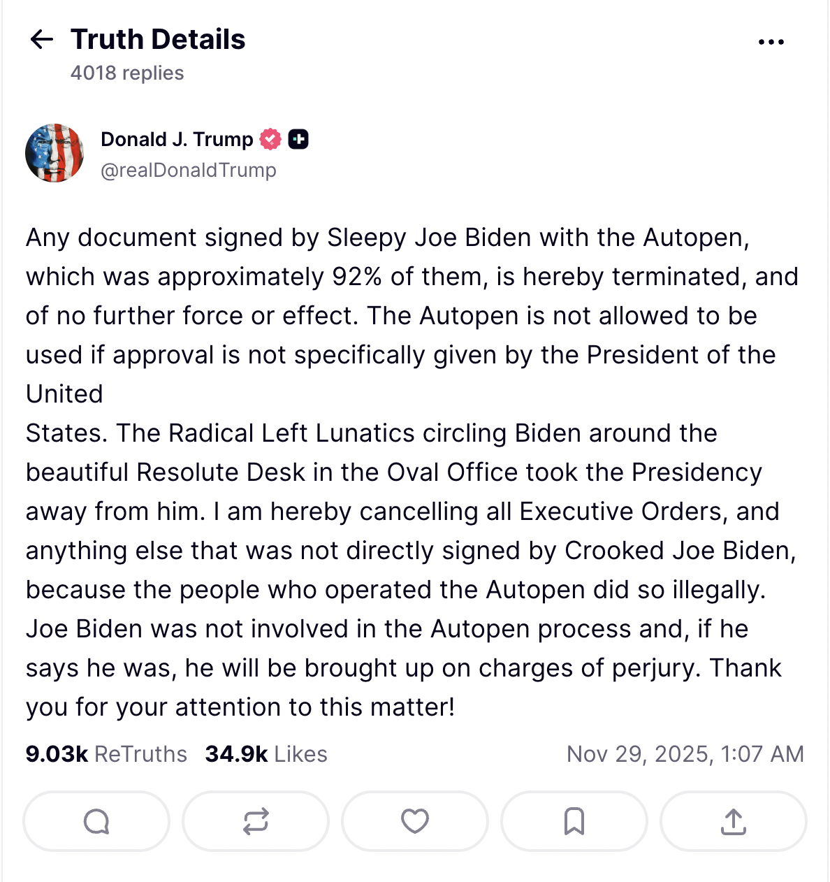 what-is-an-autopen-donald-trump-claims-92-of-sleepy-joe-biden-documents-were-autopen-signed-declares-them-terminated Trump's Truth Social post
