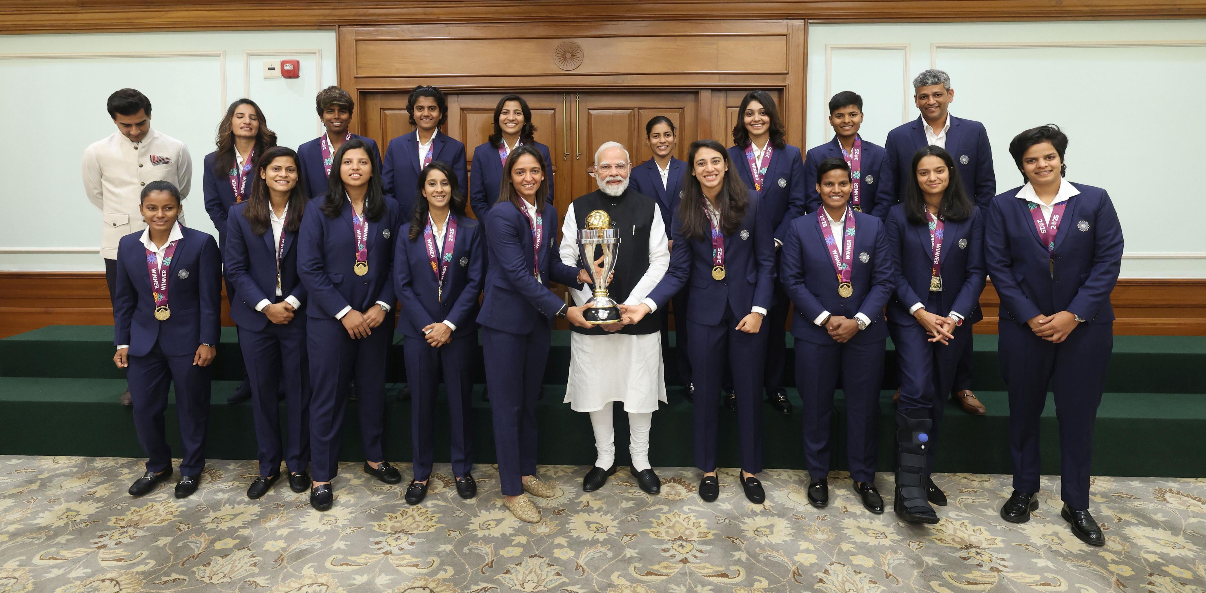 PM Modi Felicitates Women’s World Cup Champions, Team Gifts Him NAMO Jersey, In Pics