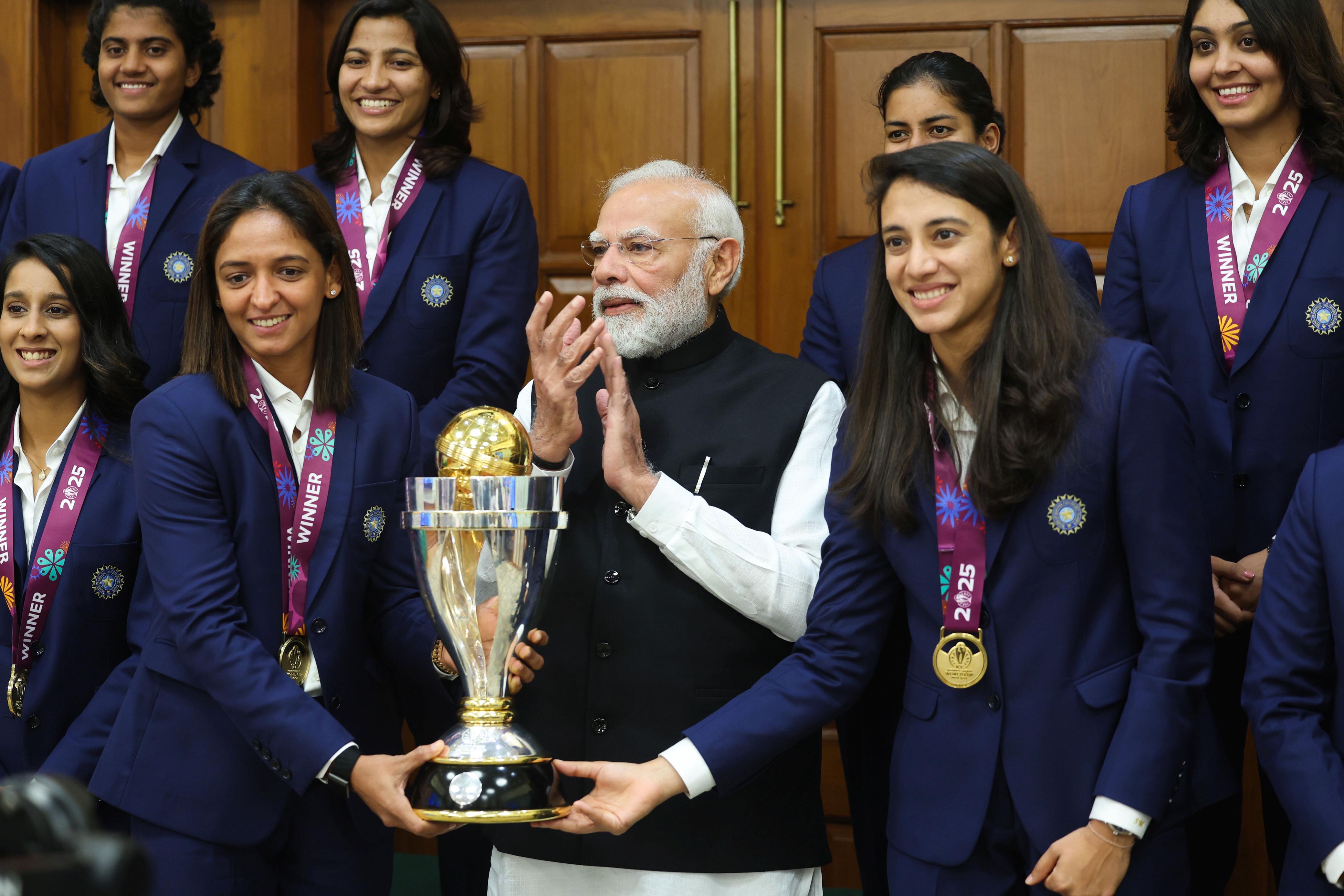 PM Modi Felicitates Women’s World Cup Champions, Team Gifts Him NAMO Jersey, In Pics