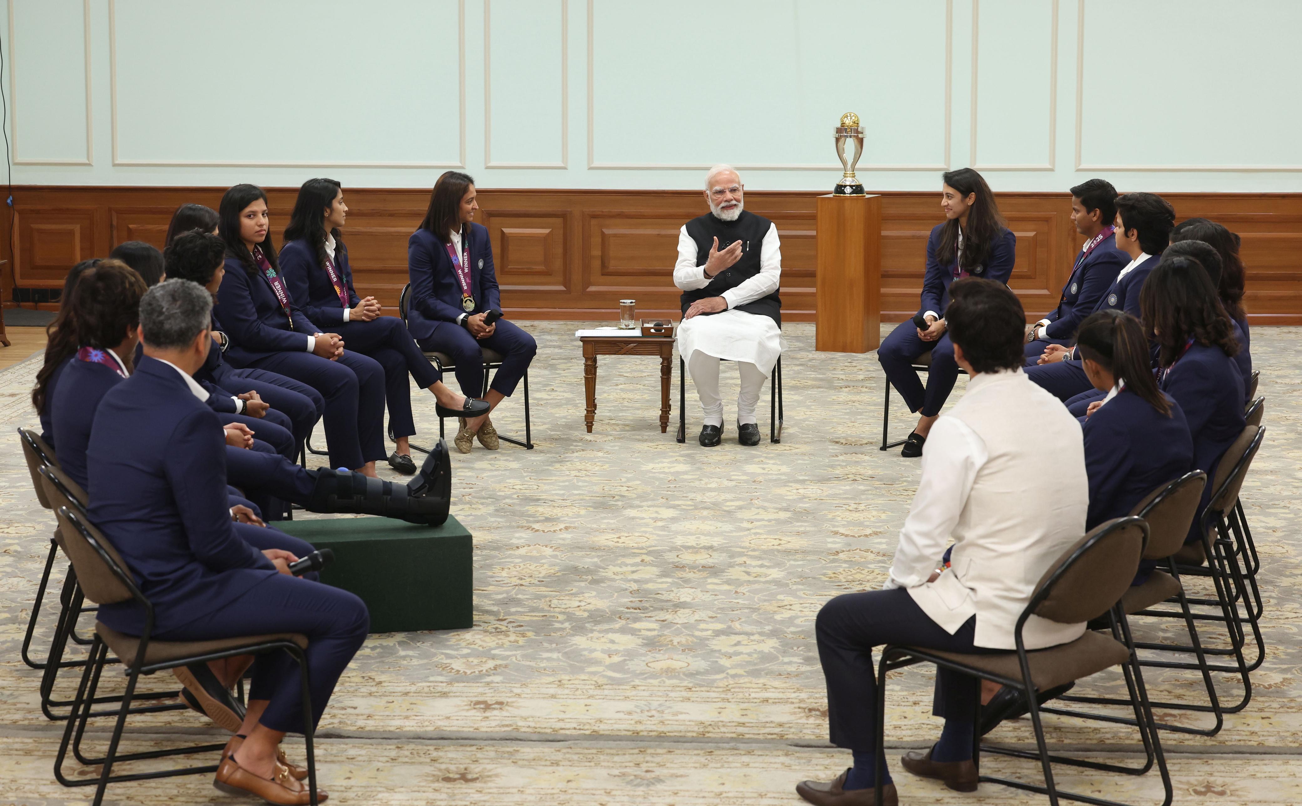 PM Modi Felicitates Women’s World Cup Champions, Team Gifts Him NAMO Jersey, In Pics