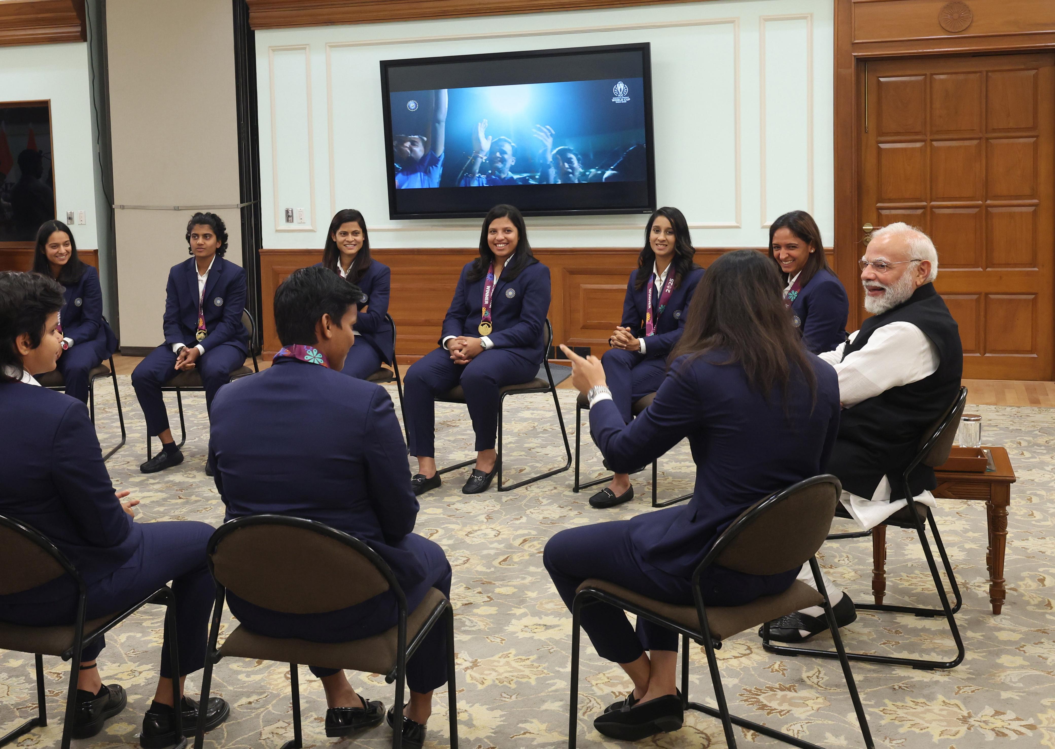 PM Modi Felicitates Women’s World Cup Champions, Team Gifts Him NAMO Jersey, In Pics
