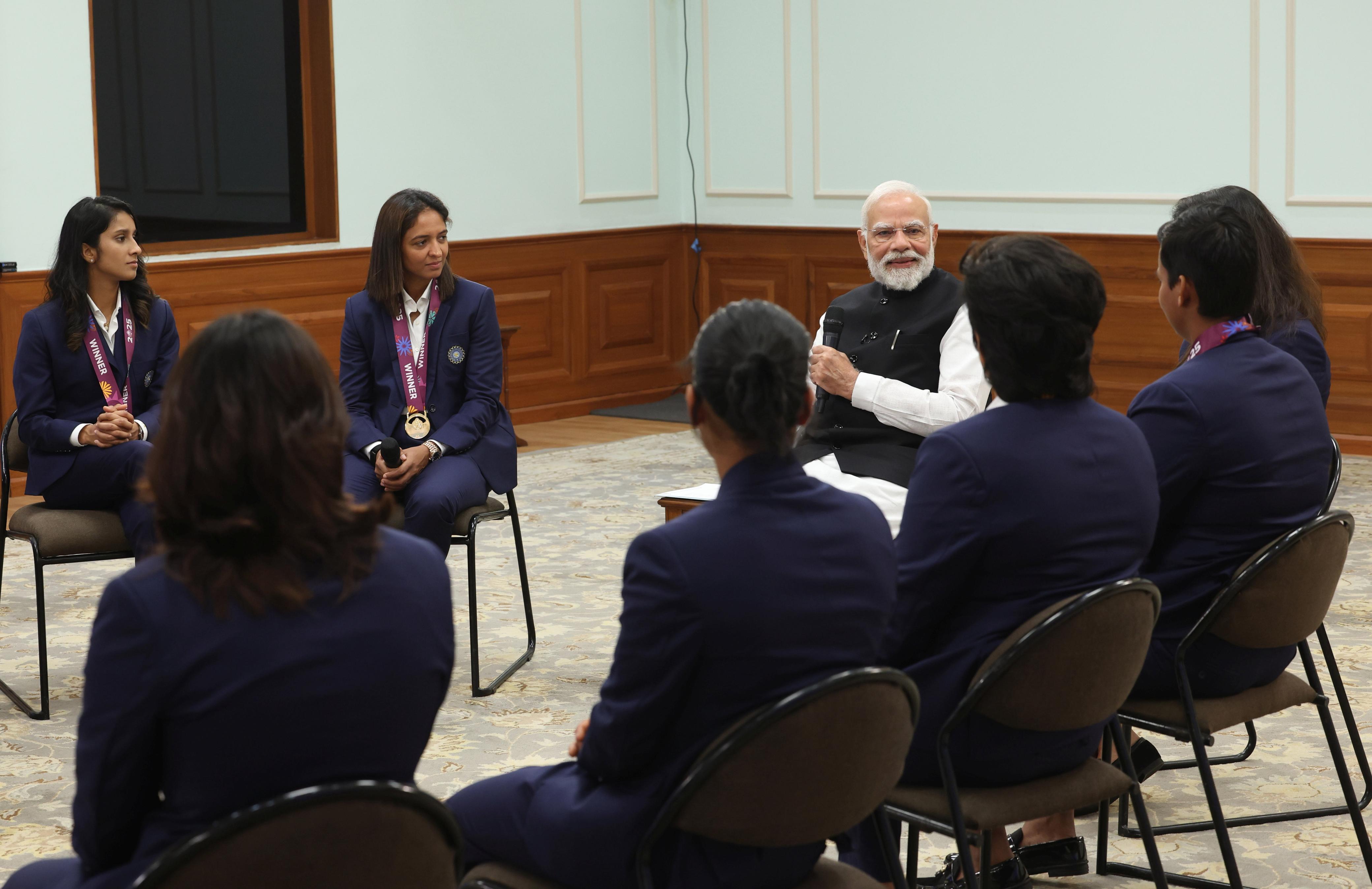 PM Modi Felicitates Women’s World Cup Champions, Team Gifts Him NAMO Jersey, In Pics