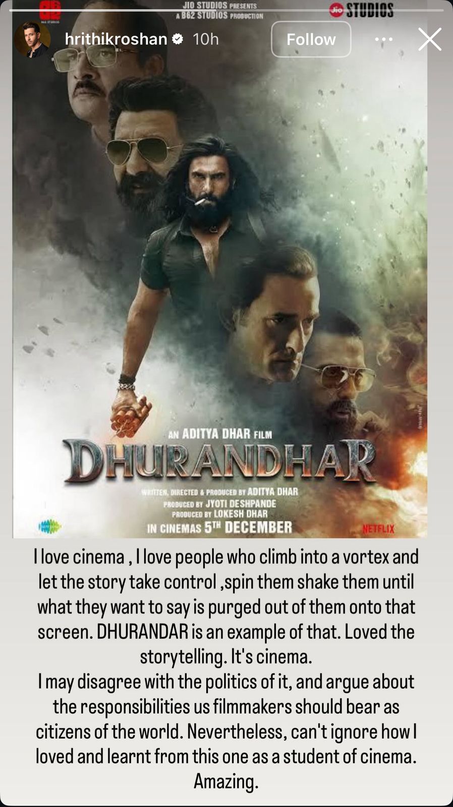 i-may-argue-about-hrithik-roshan-reviews-ranveer-singhs-dhurandhar-praises-story-but-raises-concerns ‘I May Argue About…’: Hrithik Roshan Reviews Ranveer Singh’s Dhurandhar, Praises Story but Raises Concerns