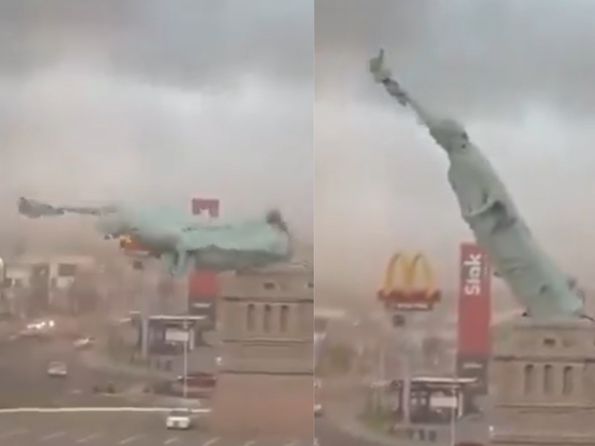 Replica Statue of Liberty collapses in Brazil amid strong winds; no casualties reported, severe weather warnings issued.
