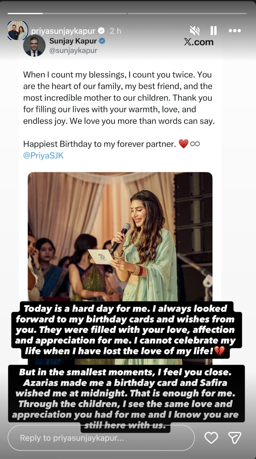 a-hard-day-for-me-priya-sachdev-kapur-shares-emotional-note-on-first-birthday-after-sunjay-kapurs-death ‘A Hard Day For Me’: Priya Sachdev Kapur Shares Emotional Note On First Birthday After Sunjay Kapur’s Death