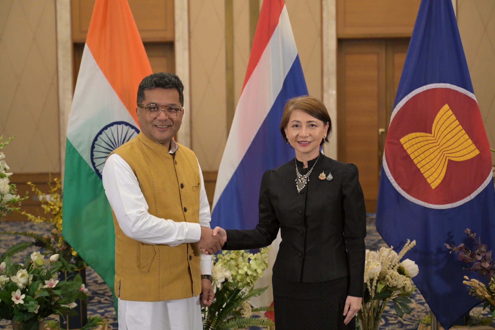 ties-elevated-to-strategic-partnership-thailand-seeks-indias-support-to-join-brics H.E. Ms. Chavanart Thangsumphant, Ambassador of the Kingdom of Thailand to the Republic of India, with Pabitra Margherita, Union Minister of State for External Affairs and Textiles at the Royal Thai Embassy, who was the chief guest