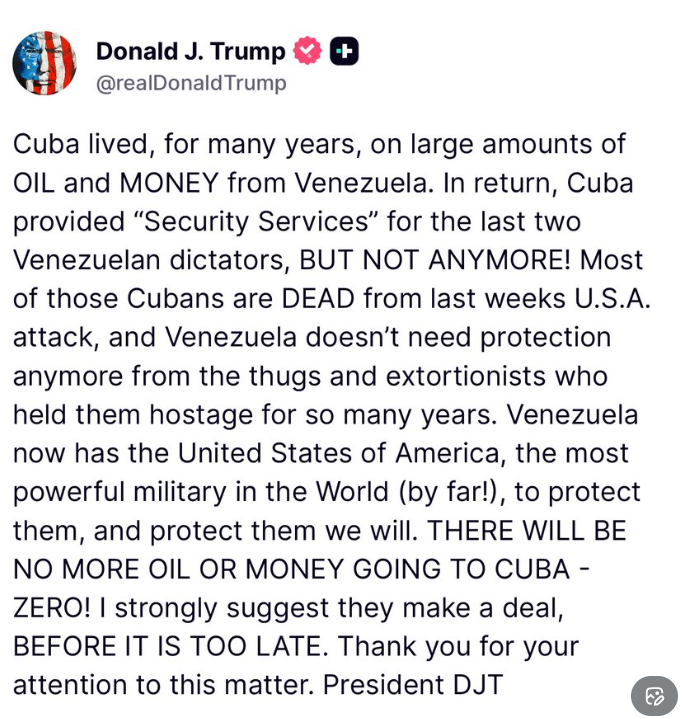 ‘No More Oil Or Money’: Donald Trump Warns Cuba To Strike A Deal Before It’s Too Late Days After Capturing Venezuela President