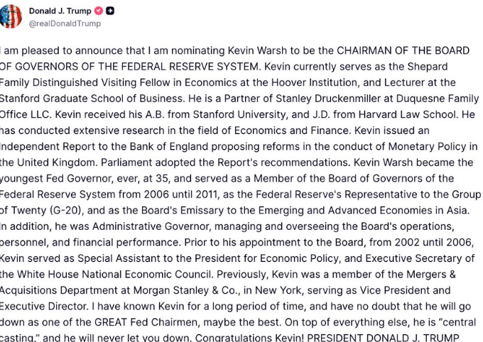 It’s Official! Donald Trump Picks Kevin Warsh As The New Fed Chair: ‘Have No Doubt He Will Go Down As One Of The GREATS’