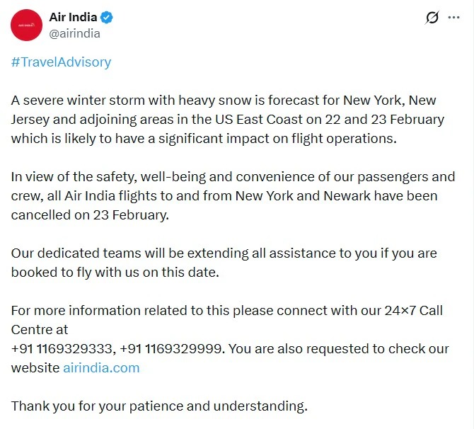 Air India Cancels Flights To New York, Newark On February 23 As Severe Winter Storm, Heavy Snow Lash US East Coast