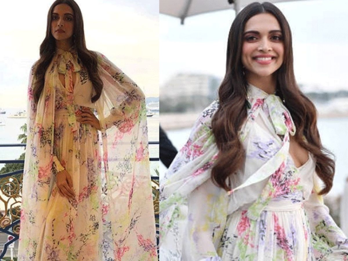 2018 Cannes Pink and Black Chiffon Gown