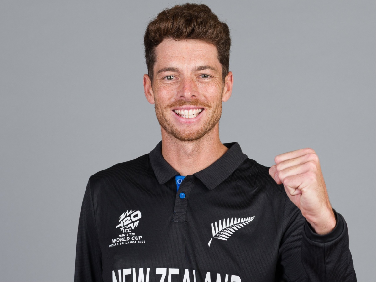 Mitchell Santner bowling left-arm orthodox spin in the New Zealand black T20 kit with a high release point, Mitchell Santner gesturing to set the field while wearing the captain’s armband, Mitchell Santner batting in the blue and gold Mumbai Indians jersey during an IPL match