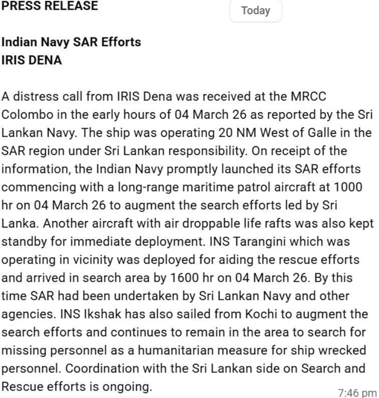 Indian Navy Reveals They Began Search And Rescue After Iranian Warship IRIS Dena Sent A Distress Signal, Deployed Aircraft And Two Warships