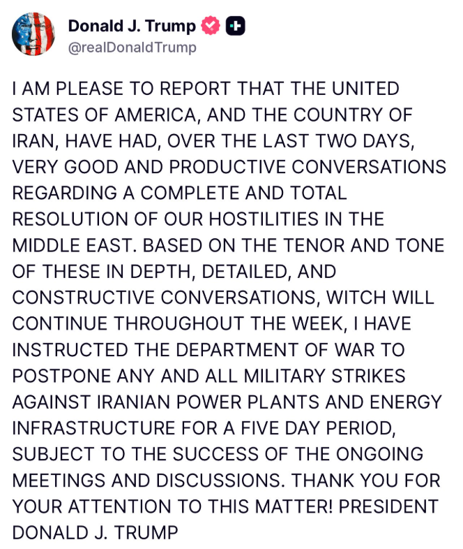 Iran Contradicts Trump’s Claim Of ‘Productive Conversations’ As POTUS Announces 5-Day Strike Pause: ‘Will Not Negotiate Before Achieving War Objectives’