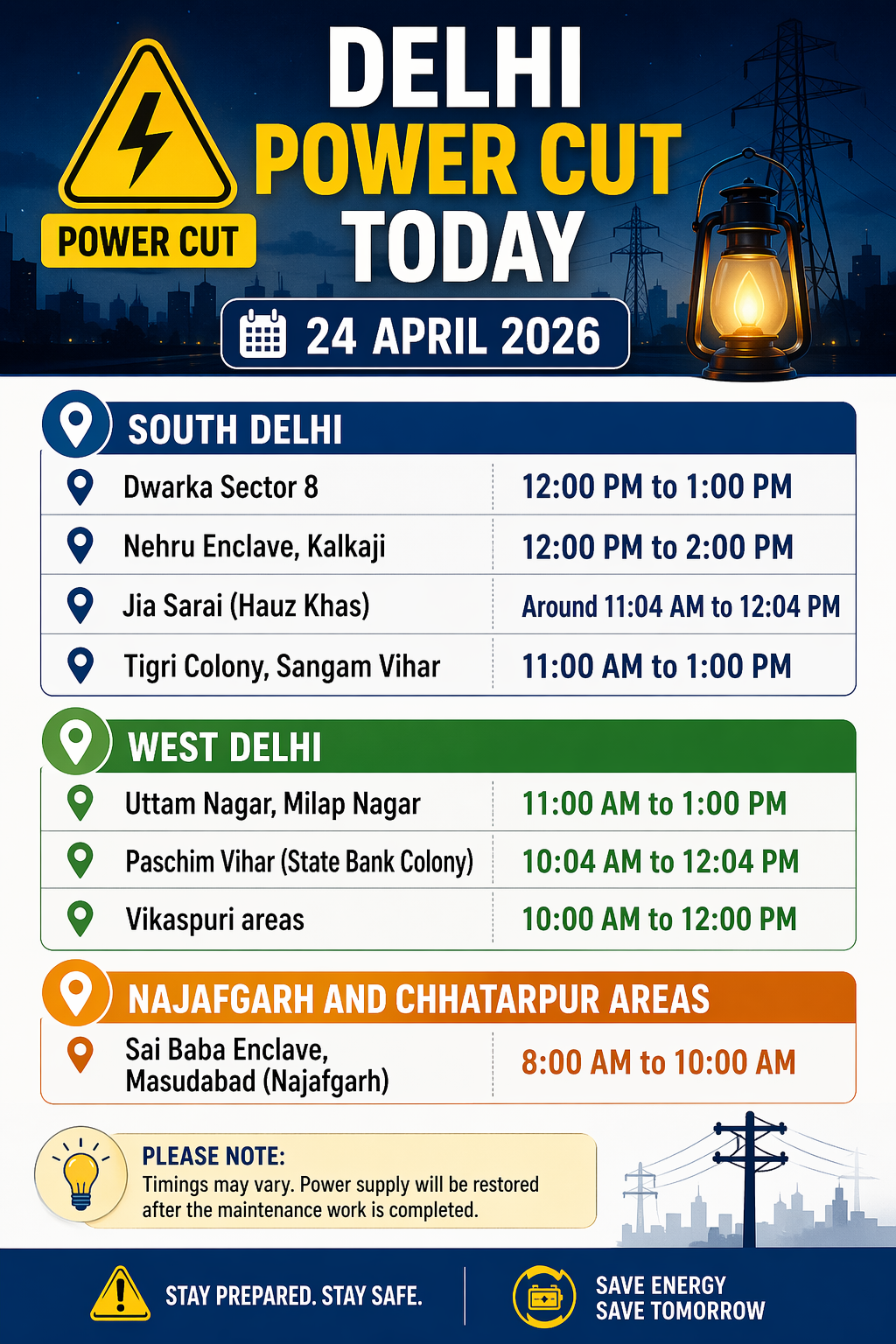 Delhi Power Cut Today April 24, 2026: Scheduled Outages Across Multiple Areas Including Dwarka, Kalkaji, Najafgarh. Check Full List