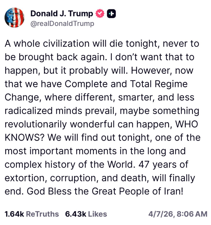 a-whole-civilization-will-die-tonight-donald-trump-issues-stark-warning-ahead-of-strait-of-hormuz-deadline-signals-possible-regime-change-in-iran ‘A Whole Civilization Will Die Tonight’: Donald Trump Issues Stark Warning Ahead Of Strait of Hormuz Deadline, Signals Possible Regime Change In Iran