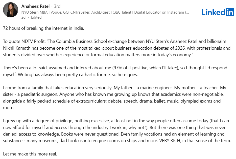 who-is-anaheez-patel-mba-student-breaks-the-internet-days-after-viral-exchange-with-nikhil-kamath-grew-up-with-a-degree-of-privilege Who Is Anaheez Patel? MBA Student Breaks The Internet Days After Viral Exchange With Nikhil Kamath: ‘Grew Up With A Degree Of Privilege’