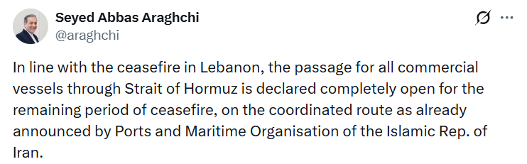 Strait Of Hormuz Opens Officially During Israel-Lebanon Ceasefire But Iran Imposes Strict Route Conditions For Vessels
