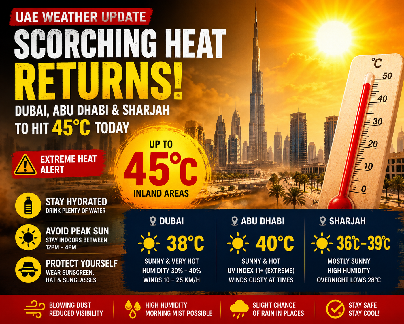 UAE Weather Update: Dubai, Abu Dhabi & Sharjah Extremely hot 45°C Heatwave, High Humidity and Dusty Conditions; Check Today and Tomorrow Weather Forecast