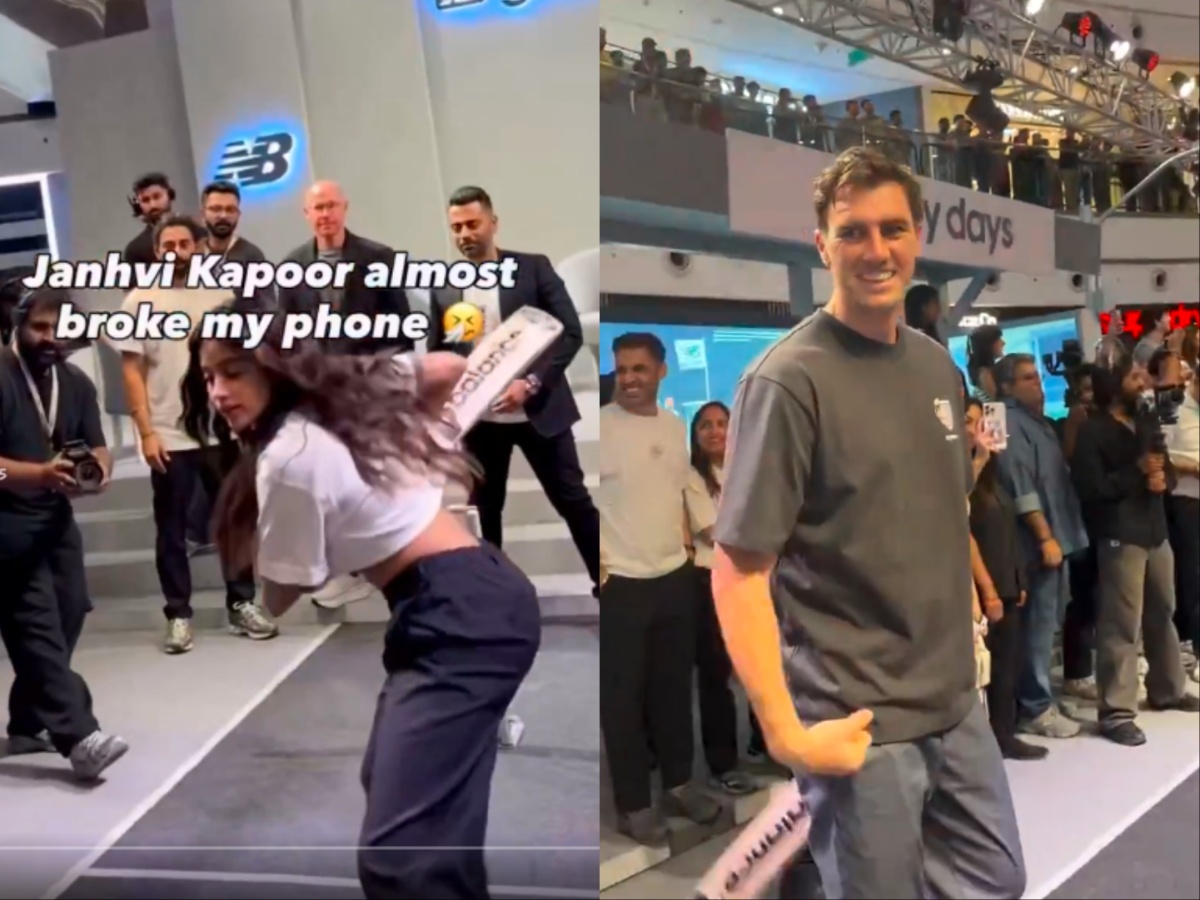 Pat Cummins Janhvi Kapoor cricket video, Janhvi Kapoor hits spectator phone, Pat Cummins bowls to Janhvi Kapoor, Peddi movie promotions Mumbai