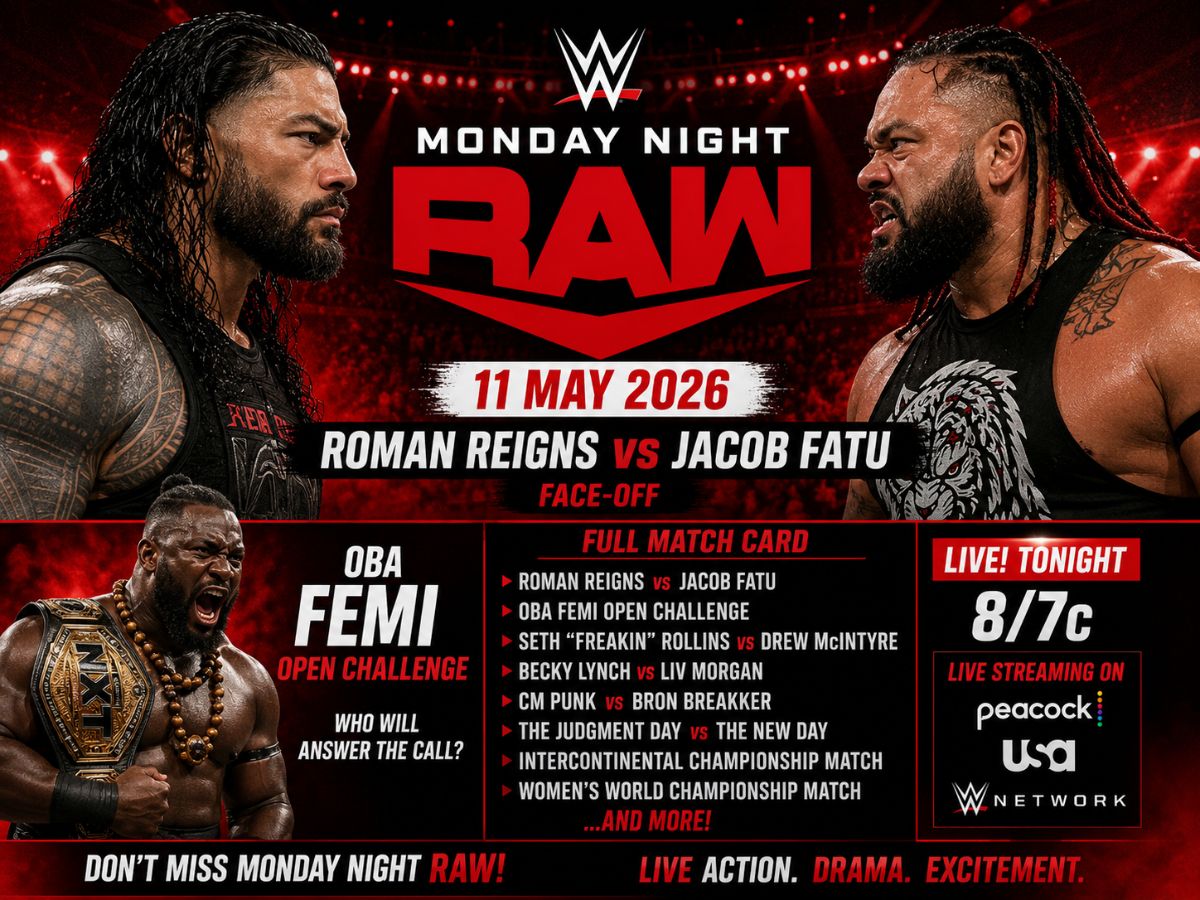 WWE RAW Live Streaming and Match Card (11 May 2026): Roman Reigns Ceremony, Seth Rollins Fallout, CM Punk Appearance